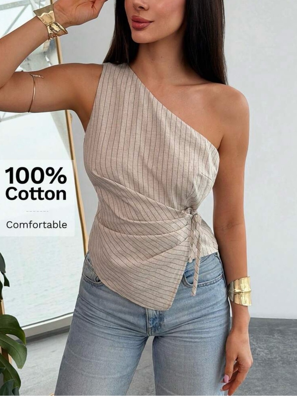 SHEIN One-Shoulder Beige Pinstripe Wrap Top